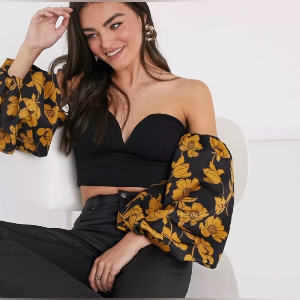 NWT ASOS | True Violet Off the Shoulder Crop Top Puff Sleeves Florals